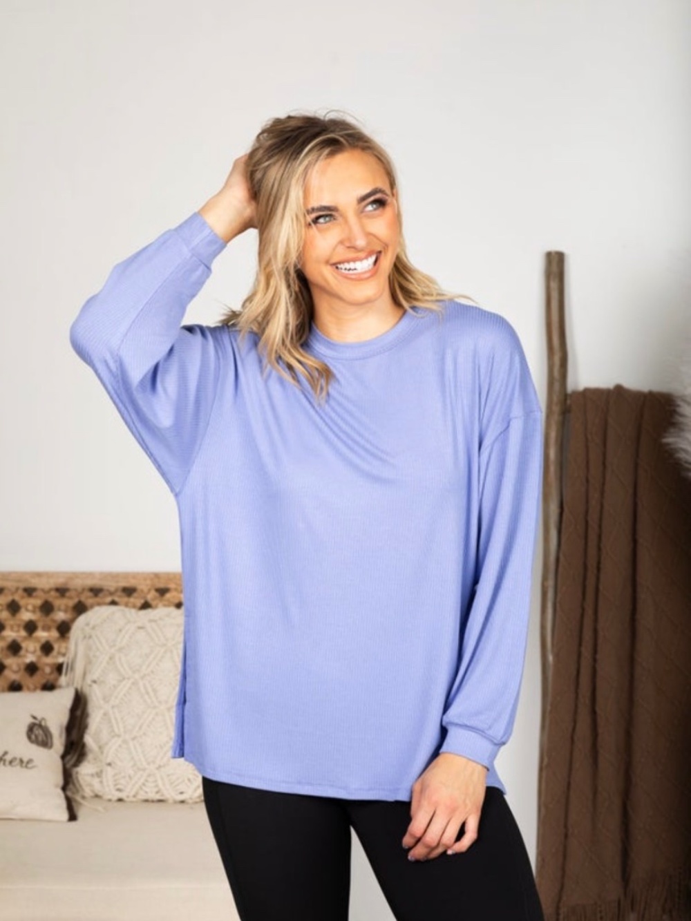 Yelete Relaxed Long Sleeve Top with Side Slits - Periwinkle - Size 3X